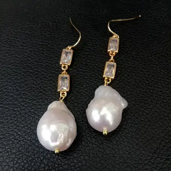 

Natural Cultured White keshi Pearl Cz pave Chain Dangle Hook Earrings