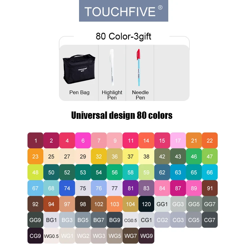 TouchFive маркеры 30/40/60/80/168 на алкогольной основе, набор художественных маркеров профессионального качества для рисования манги, фэшн эскизов - Цвет: 80-Universal-Set