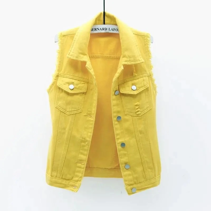 Candy color plus size denim vest ladies short 2021 spring and autumn new style Korean version of raw edge lapel cardigan vest womens parka Coats & Jackets