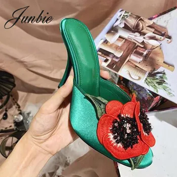 

Prowow New Satin Mutiple Colors Open Toe Gladiator Floral Summer HIgh heels Slip On Vacation Slippers Shoes Women