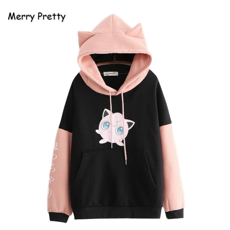 Merry Pretty Women's Pokemon Sweatshirts With Ears Blackpink Fleece Hoodies Winter Harajuku Sweatsh
