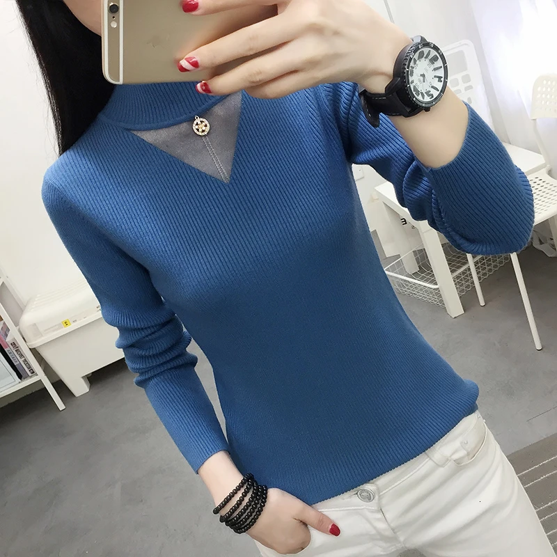 Женский вязаный свитер с круглым вырезом синий или черный облегающий пуловер