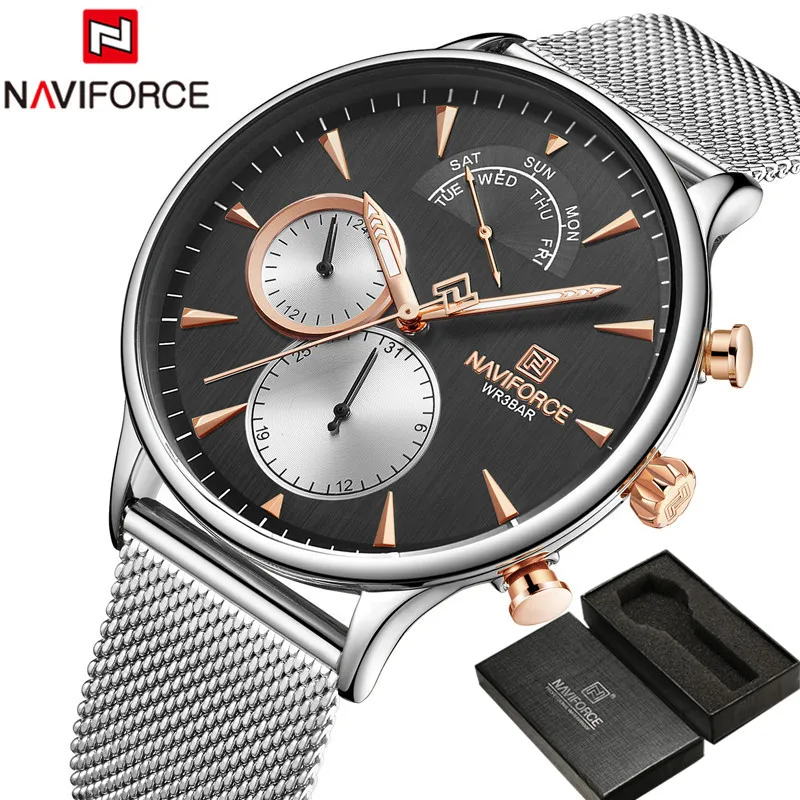 NAVIFORCE модные мужские часы лучший бренд класса люкс военные спортивные мужские часы Дата Неделя сетка из нержавеющей стали Кварцевые Мужские наручные часы 3010