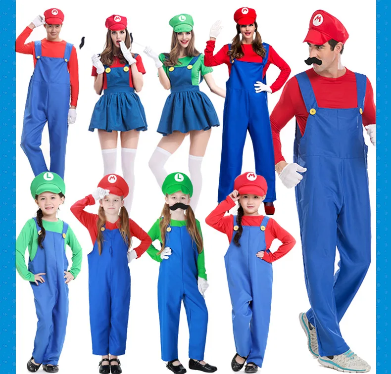 Super Mario Bros Luigi, шляпа сантехника, костюм с бородой, маскарадный костюм Марио, маскарадный костюм на Хэллоуин, нарядное платье для родителей и детей, взрослых, детей, женщин