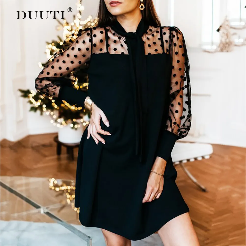

Sexy Mesh Shift Dress Women Fashion Bell Puff Sleeves Bow Tie Neck Dot Lace Patchwork Dress office Ladies Elegant D35