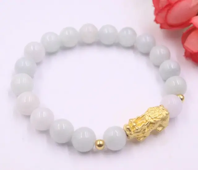 $US $280.00 999 24K Yellow Gold Bracelet Real Gold Chain Wealthy Pixiu Charms and Natural Jade Beads 8mm For Women Girl Best Gift Jewellery