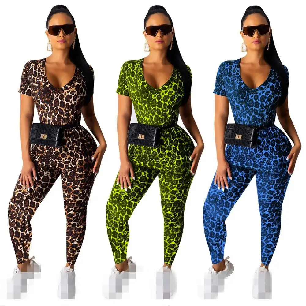 

Leopard Printing Skinny Jumpsuits for Nightclub Party V Neck Short Sleeves Sexy Rompers Casual Tight Pants Summer Autumn