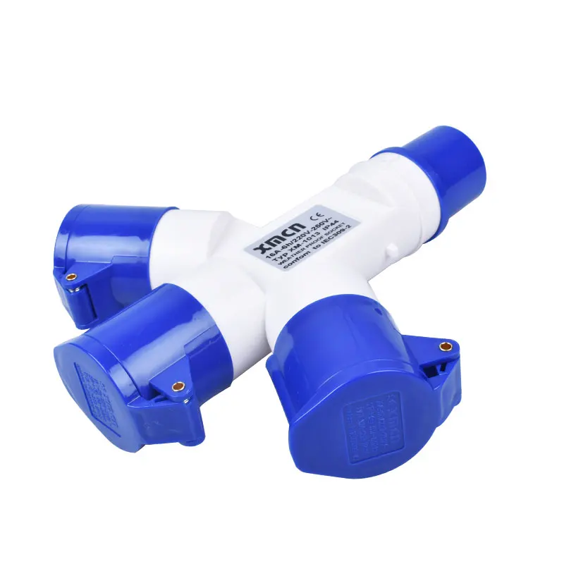 Blue 380V 16 Amp Industrial Plug Socket 3 Way Splitter Waterproof IP44 3P+E 