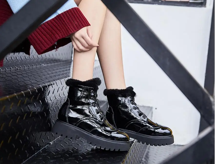 Plus velvet snow boots female winter new wool boots patent leather non-slip Lace-Up Wedges cotton boots J281