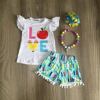 

baby girls summer clothing kids back to school outfits love apple shirt with pencil shorts student outfits with accessories