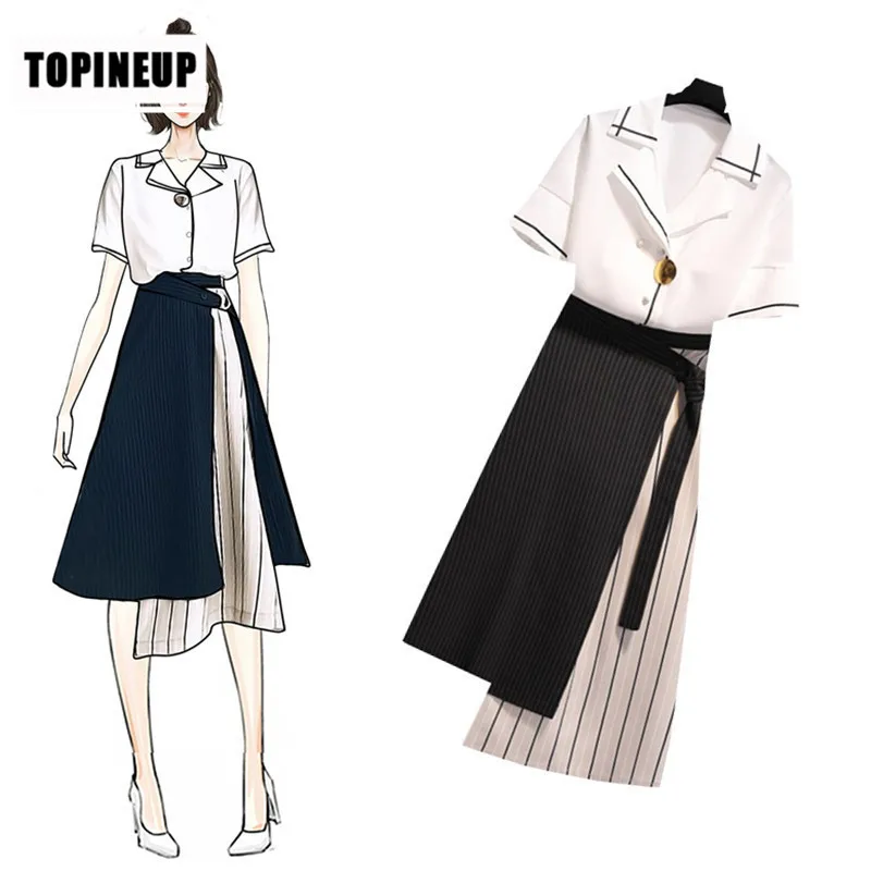 

Two-Piece Clothing Blouse+Irregular Skirt Set Women Korean Leisure Suit Top Irregular Big Size Elegant