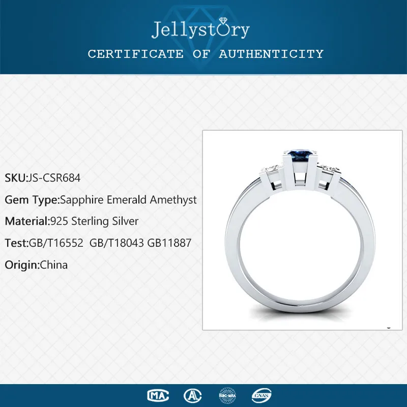Jellystory Classic Women Ring 925 Silver Jewelry with Sapphire Emerald Amethyst Gemstones Wedding Party Gift size 6-10