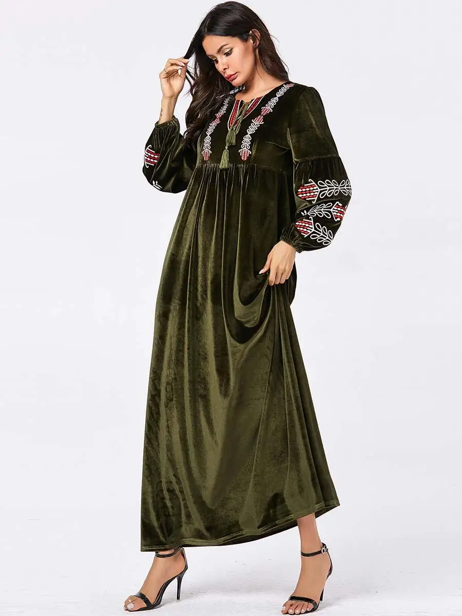 Этническая украшенная обувь в стиле Абаи бархат джилбаба мусульманский Для женщин с длинным рукавом плиссированное платье костюм