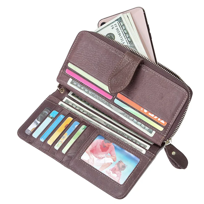 Genuine Leather Women Clutch Purse Vintage Women's Long Leather Cowhide Coin Bag Wallet Female Phone Bag Purse