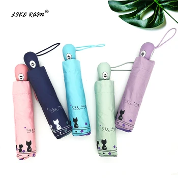 

LIKE RAIN Girl Automatic Umbrella Rain Women 3 Folding Cute Cat Umbrellas Black Coating Parasol Travel Pocket Umbrellas UBY29