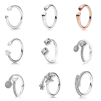 

Women 925 Sterling Silver Ring Charm Square Sparkle Flower Clear Cz Crystal With Pearl Finger Ring For Women Jewelry