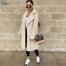 HAOYUAN, зимнее длинное плюшевое пальто для женщин, розовое, свободное, плюшевое, плюшевое, мишка, пальто, большие размеры, флис, толстая, теплая верхняя одежда, куртки из искусственного меха