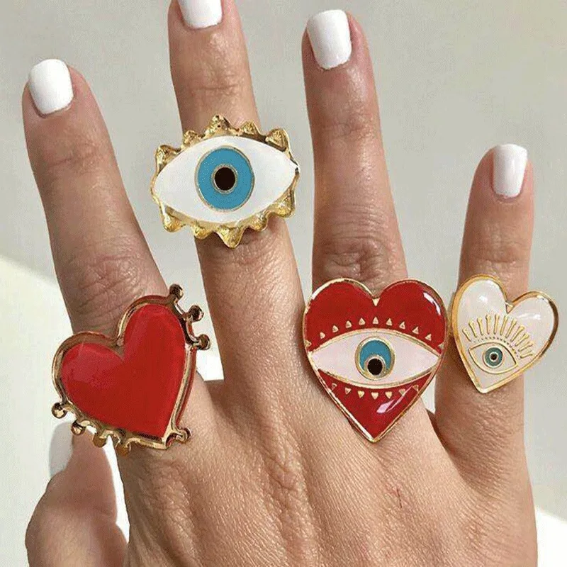 XIYANIKE 2019 New Adjustable Gold Red Love Heart Evil Eye Fashion Rings For women Girl Bohemian Cute Ring Sets | Украшения и