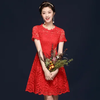 

Red Lace Dress Women Summer 2020 New Hollow Out Embroidered Round Neck Short Sleeves Slim A-Line Short Dress Above The Knee S-XL