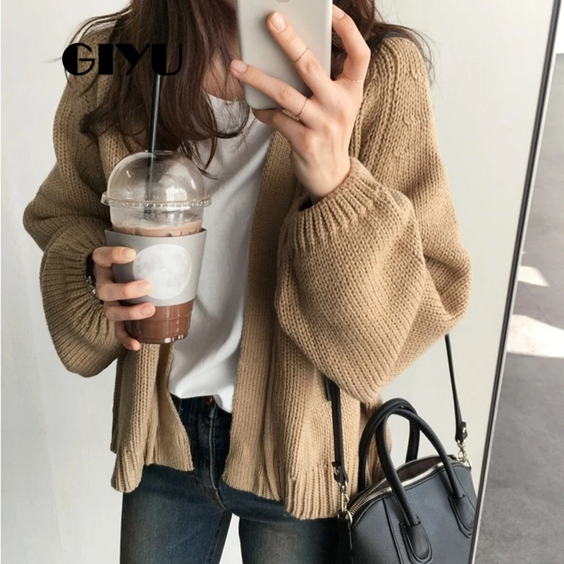 

GIYU Autumn Winter Knitted Sweater Long Sleeve Casual Drop Shoulder Loose Sweaters Female Cardigan sueter mujer invierno
