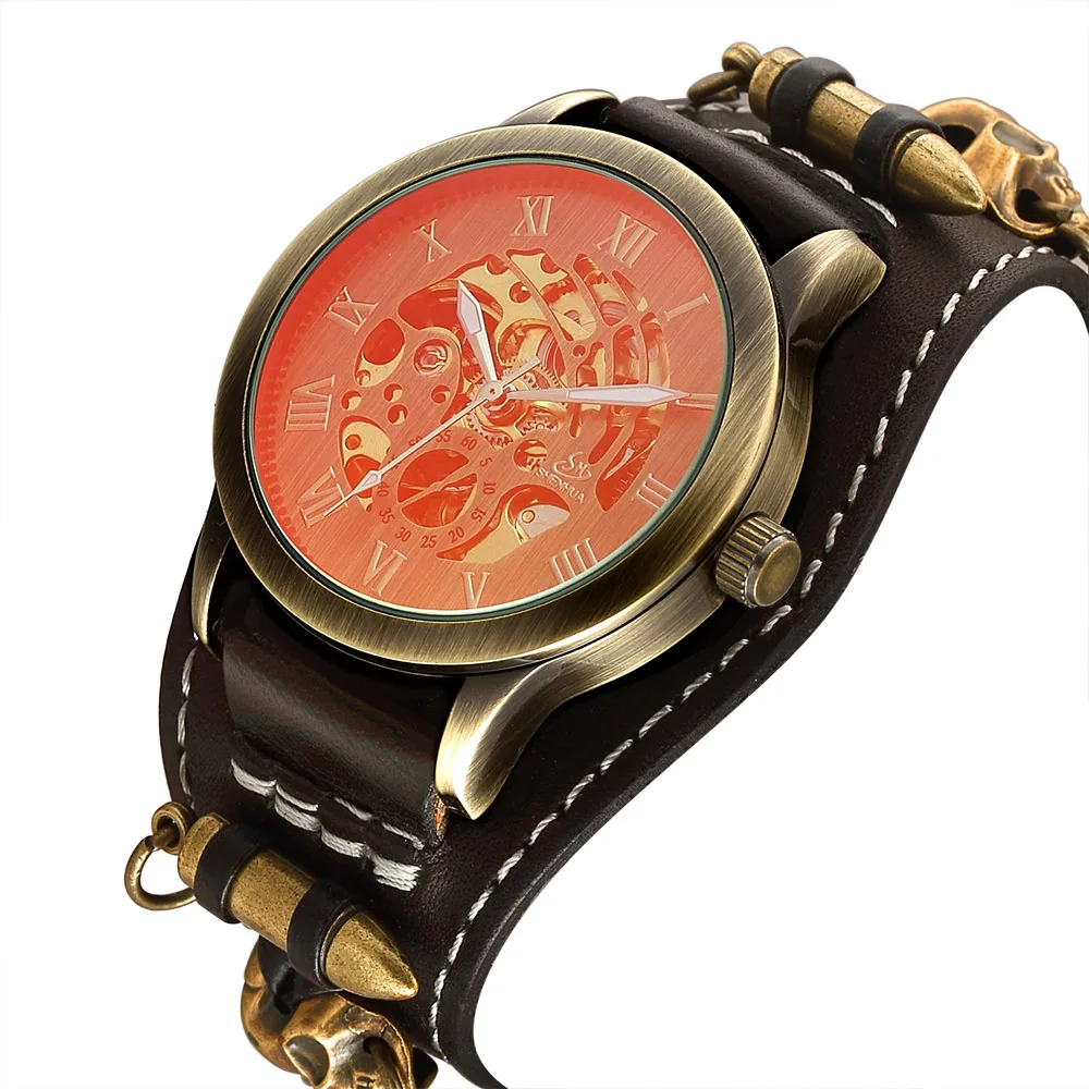 Модные часы в стиле стимпанк, мужские винтажные часы, мужские автоматические механические наручные часы, часы с бронзовым скелетом, спортивные мужские часы