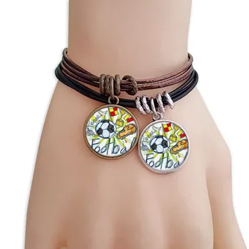 

Cartoon Football Series Pattern Soccer Bracelet Double Leather Rope Wristband Couple Set
