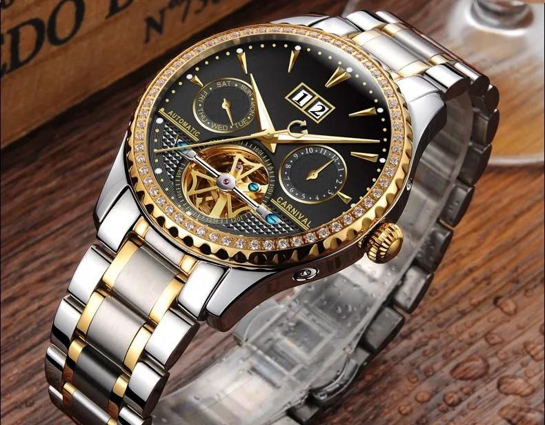 Горячая новинка 2017 известные бренды часы карнавал роскошные мужские деловые часы автоматические механические часы из стали ремешок
