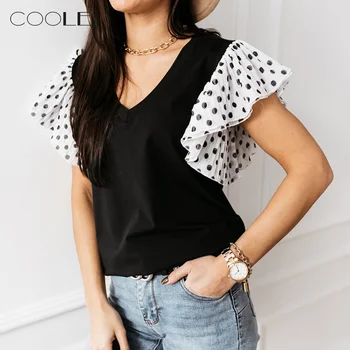 

Hot Sale Chiffon Breathable Fashionable Ladies Summer V-Neck Stitching Polka Dot Short-Sleeved T-Shirt Blusas Mujer De Moda 2020