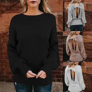 

Sweater Women Sexy Backless Bow Tie Knitwear Casual Round Neck Solid Color Pullover Sweater