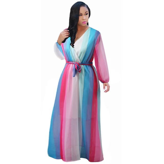 2021 Chiffon Long Sleeve Cross V-Neck Maxi Dress Bohemia Dress Full Plus Size Celebrity/Graduation/Dinner Dress Beach Sundress D2248 Pink Blue