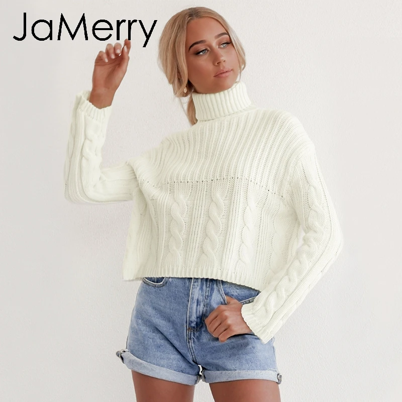 JaMerry, винтажный вязаный свитер с высоким воротом, Женский пуловер с длинным рукавом, элегантный белый однотонный Повседневный зимний женский теплый свитер