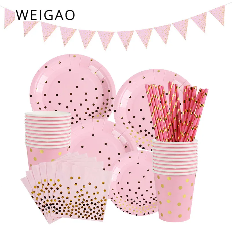 

WEIGAO Gold Dot Pink Disposable Tableware Plates Cups 1st 16th Birthday Party Decoration Kids Girls Wedding Baby Shower Party