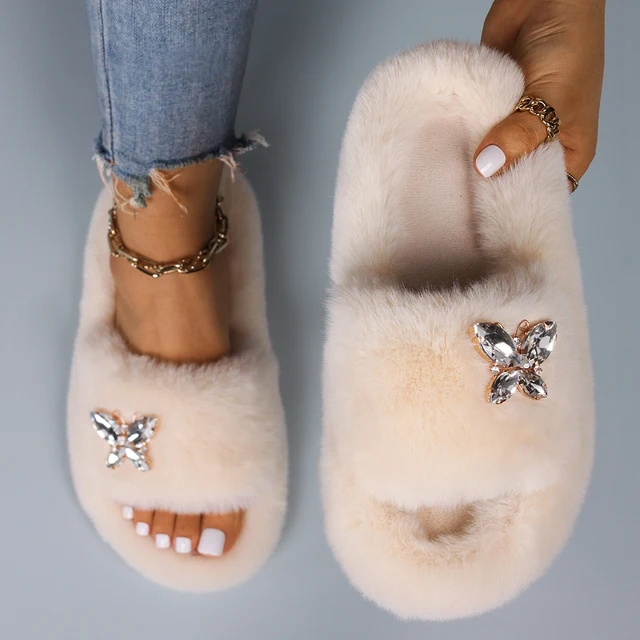 Fluffy Slippers Women Crystal Flower Decor Furry Sandals Elegant Ladies Home Flip Flops Faux Fur Slides Luxury Designer Shoes Beige5