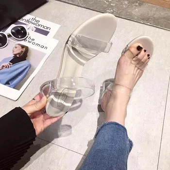 

2019 Transparent Sandals Woman Coarse With Toe Word Bring Crystal High-heeled Shoes Tide