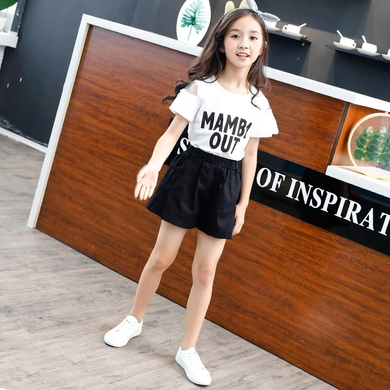 

Korean-style 2019 Summer Wear New Style Big Boy Girls' Shirt Printed Letter Short Sleeve + Shorts Fashion Elasticity round Neckl