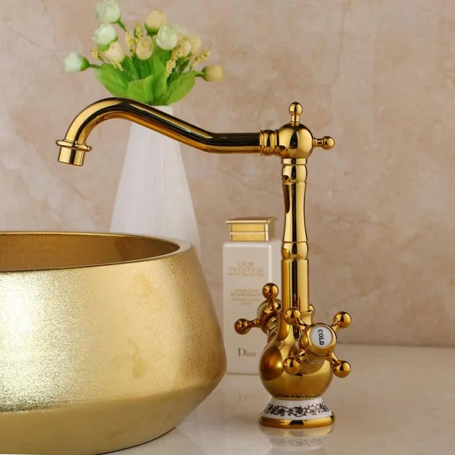 JIENI позолоченный керамический набор для раковины для ванной комнаты из стекла, ручная роспись, раковина с одним отверстием, Смеситель для холодной и горячей воды - Цвет: Single Faucet