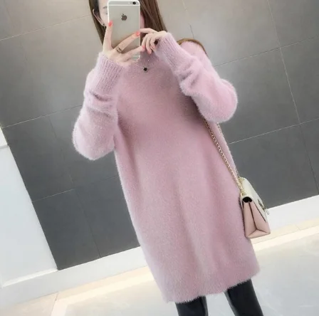 New Women's Sweater Thickening Water Velvet Sweater Female Loose New Warm Long Section High Collar Dottoming Sweater - Цвет: pink