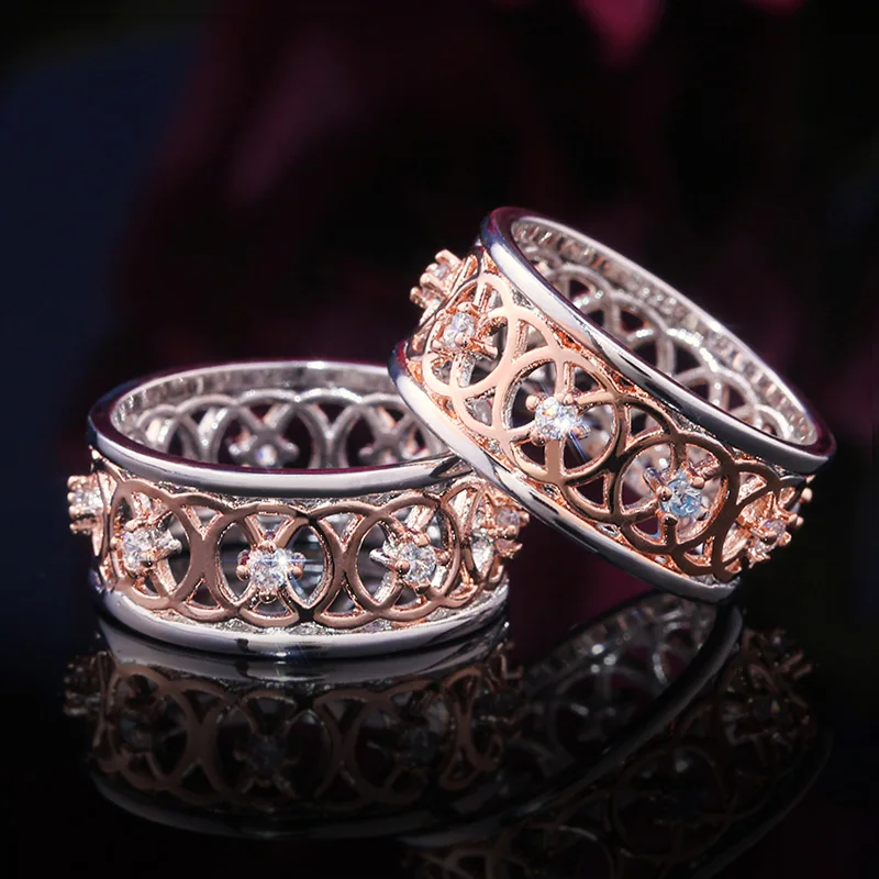 

Huitan Fashion Hollow Out Design Lucky Pattern Around Finger Women Rings Rose Gold Color Circle Band Daily Accessories Jewelry