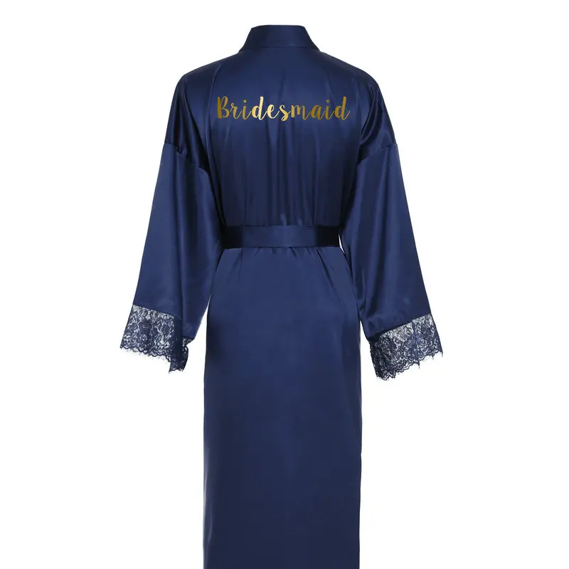 navy bridesmiad YUXINBRIDAL New Silk Satin Lace Robes White Bridesmaid Bride Robes Bridesmaid Robes Wedding Long Robe Bathrobe - Цвет: navy bridesmiad