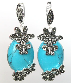 

Fashion Jewelry 925 Silver Blue Natural Stone Flower Marcasite Earrings 11/2"