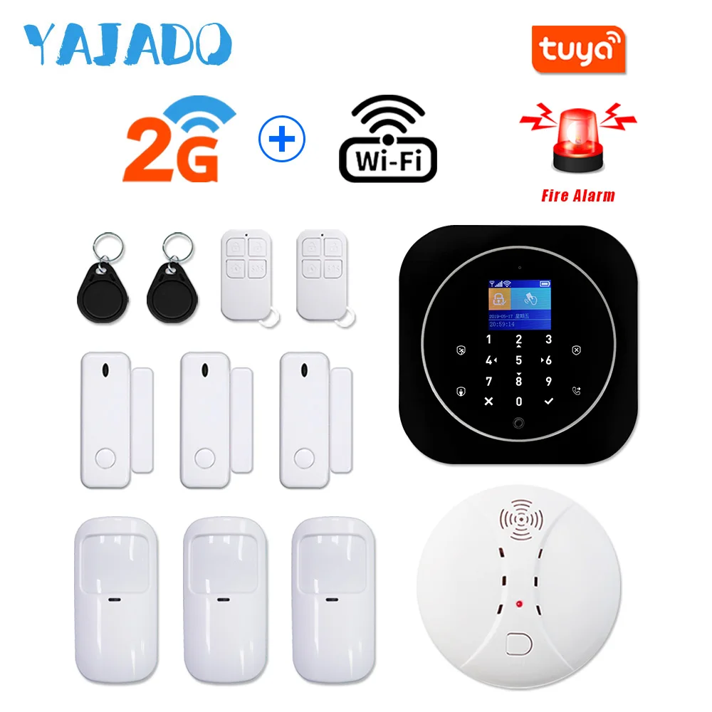 

YAJADO Tuya WiFi GSM Home Security Burglar Alarm System 433Mhz Wireless Alarm with Fire Smoke Detector Android&iOS APP Control