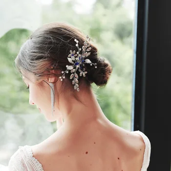

Bridal Jewelry Simple Leaf Hair Comb Handmade Pearl Blue Rhinestone Disc Hair Clip Comb Party Dress Headwear Accessories