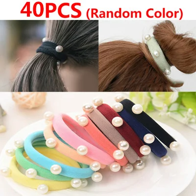 40pcs random color 40 см/50 шт, плоские с одной стороны перламутровые Стразы повязка на голову Винтаж эластичная повязка на голову для девочек; мини-юбка для Женский хвостик держатель Scrunchies резиновая веревка для девочек Головные уборы - Цвет: 40pcs random color