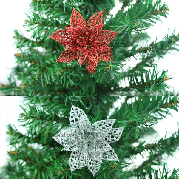 12/24Pcs Glitter Christmas Tree Flower Ornaments Xmas Party Decor Supplies DC156