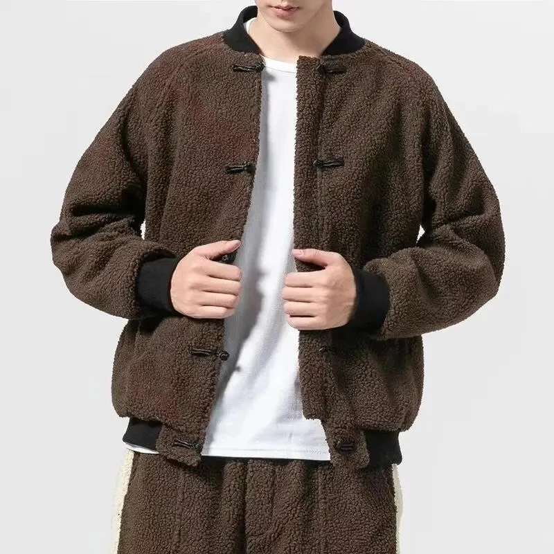 

Two-Piece Set Men Chinese Style Tang Winter Thick Baseball Uniform Cotton Jacket Plue Size Vintage Lamb Wool Coat Pants Suit New