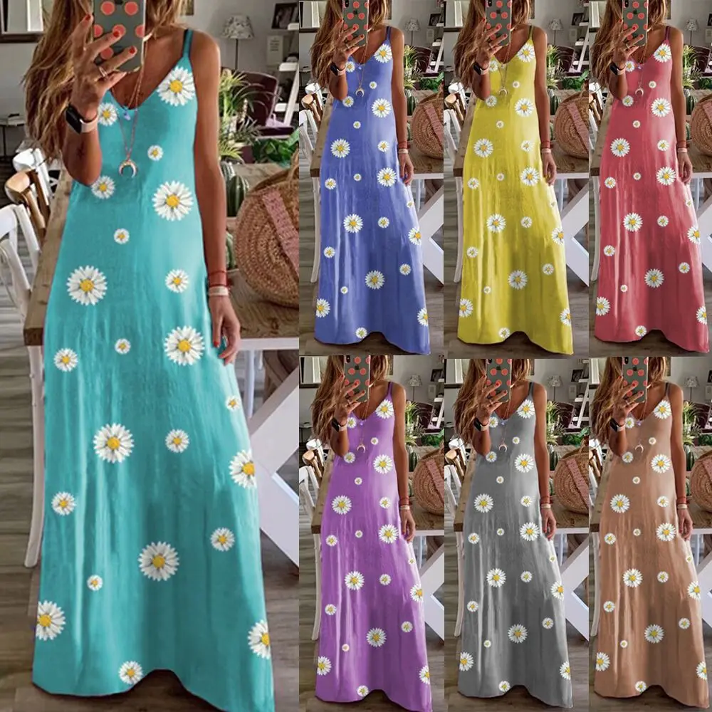 

2020 Popular Long Dress New Women's Strap Loose Printed Chrysanthemum Vest Dress Party Dress