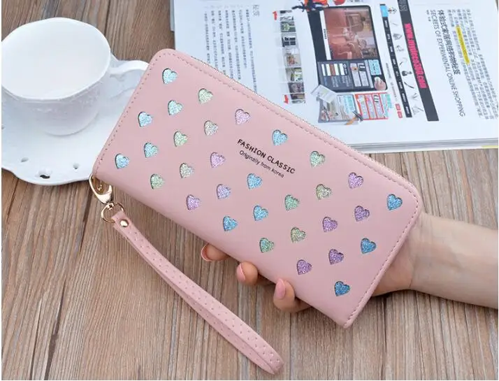 Pink Модные длинные сумки на молнии с любящим сердцем для мобильного телефона, большие вместительные открытые ПУ кошелек, однотонные клатчи для женщин - Цвет: Pink