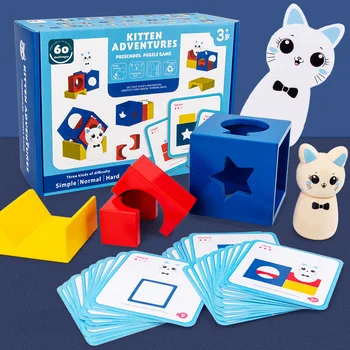 

Children's Wooden Kitten Adventures Educational Early Education Logical Thinking Card Shape Cognitive Science and Education Fun
