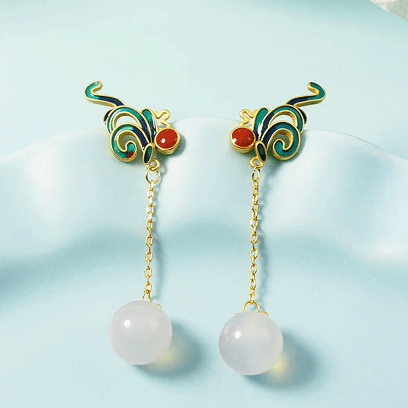 

KOFSAC New 925 Sterling Silver Earrings For Women Vintage Chinese Style Cloisonne Plant Long Tassel Crystal Round Bead Earring