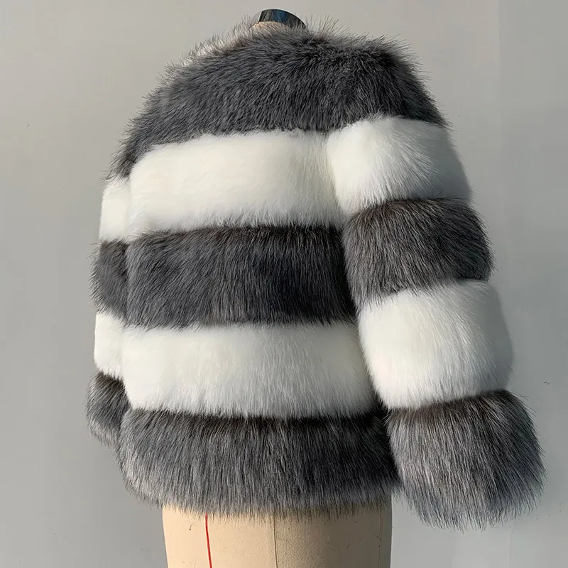 Зимнее плотное теплое пальто из искусственного меха женское Полосатое пальто пэчворк женская короткая куртка плюс размер Повседневная Верхняя одежда из искусственного меха